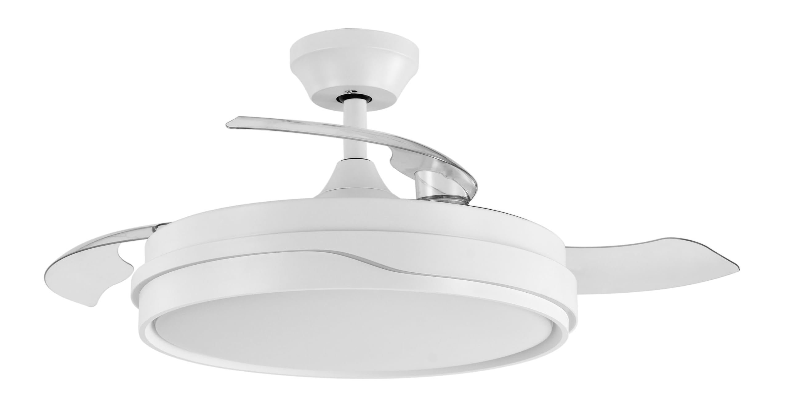 ABRILA - Ventilador DC TEMPANO | Color Blanco con tres Aspas Desplegables | con 6 Velocidades Ajustables | con 3 Temperaturas de Luz | Mando a Distancia Incluido