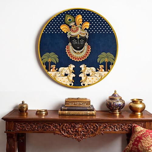 Image of Krishna Pichwai Round Framed Wall Art Painting For Living Room | Religious Shrinathji Spiritual Vastu Wall Art Painting With Frame For Home, Bedroom, Temple & Office, 16 Inch