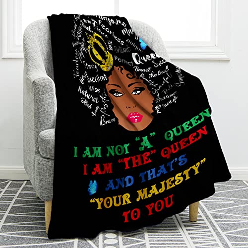 Jekeno African American Black Girl Lady Blanket I AM The Queen Print Gifts for Women Kids Girls Female Friends Home Bedroom Living Room Decor Soft Cozy Plush Throw Blankets Black 50"x60"