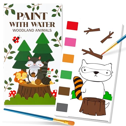 E1mity Libri da colorare ad acqua, confezione da 2 libri da disegno con animali del bosco con 10 pennelli, 44 pagine, set di carta da pittura tascabile, per bambini di 2-12 anni, ragazzi e ragazze