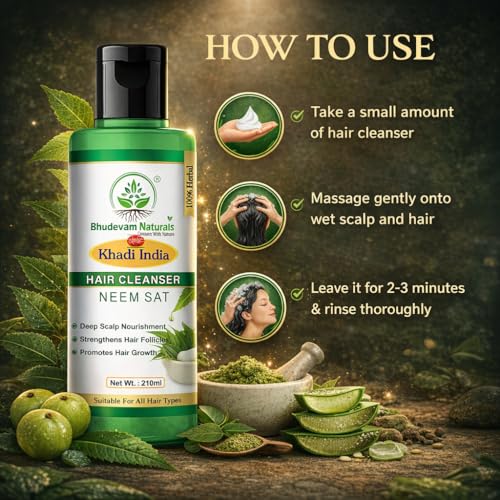 Image of Bhudevam Natural Khadi Neem Sat Shampoo Nourishing Herbal Blend for Strong & Shiny Hair | Neem sat shampoo Hair Fall Control & Anti Dandruff | Soothe Scalp & Reduce Dandruff - Organic Herbal Formula | Suitable for All Hair Types- Pack of 2