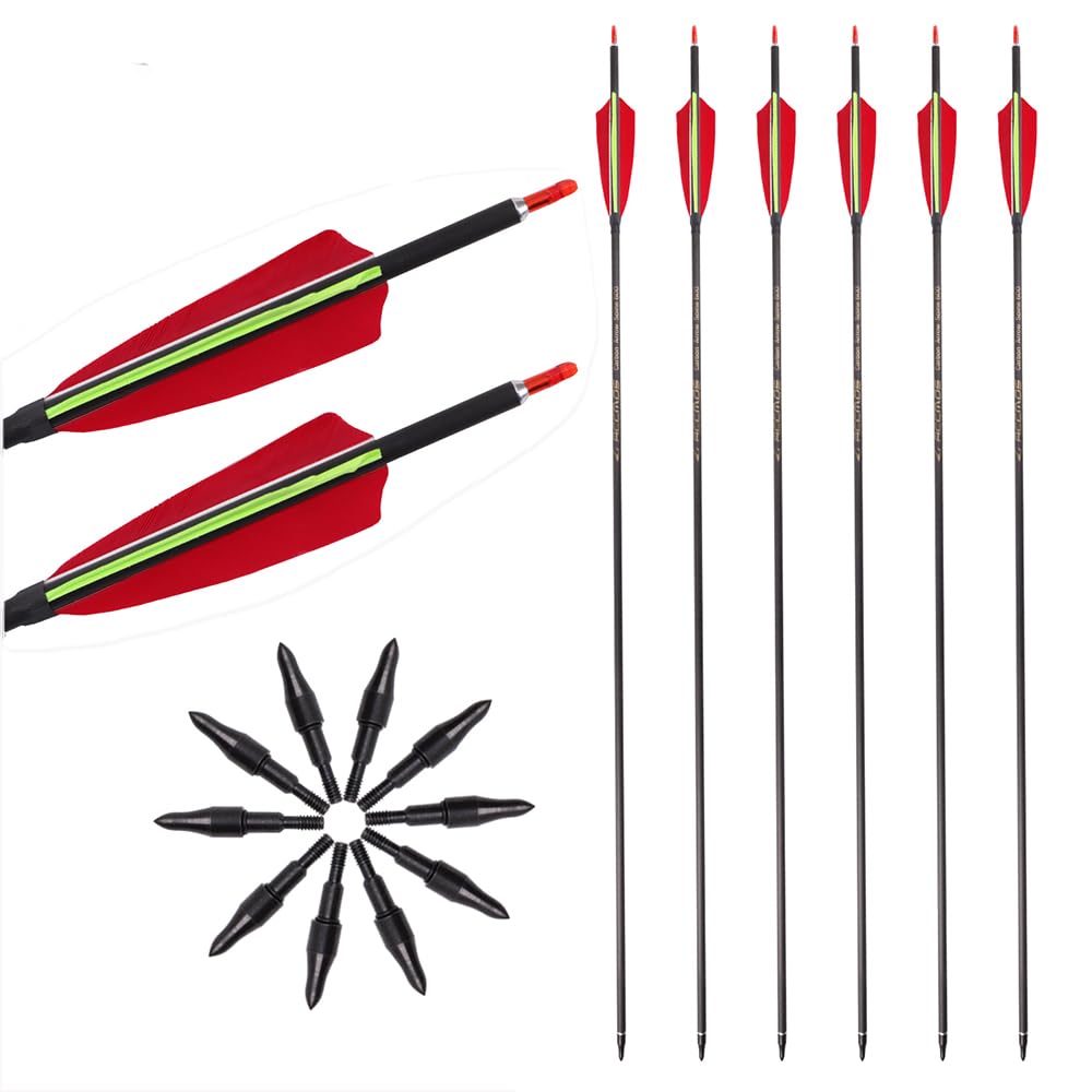 12 Pezzi Frecce da Tiro con L'Arco ID 6,2 mm Etichetta Dorata Freccia da Pratica, Spine 300 350 400 500 600 700 Freccia da Caccia 4 Pollici Rosso Verde Piume di Tacchino