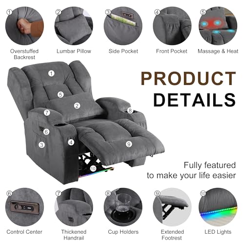 Image of DRMBOOK Power Recliner Chair, Electric Wall Hugger Reclining Sofa with Massage & Heat, Overstuffed Theater Seating with LED /USB /Cup Holders for Living Room (Linen Grey, 2 Chairs with Console)