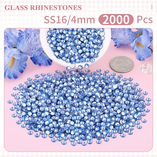 Image of 2000PCS SS16 /4mm Crystal Glass Rhinestones for Bedazzling (Light Sapphire) | Flatback Rhinestones for Crafting DIY Nail Art Makeup Decoration, Gems Diomand Charms for Tumbler Shoes Clothing Mug