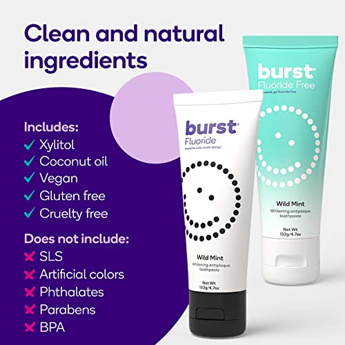 Image of BURST Fluoride Free Whitening Toothpaste for Stain Removal (4.7oz /2 Pack /Wild Mint) | for Sensitive Teeth | with Xylitol | Vegan, Gluten & SLS Free | Wild Mint for Sensitive Teeth | with Xylitol | Vegan, Gluten & SLS Free