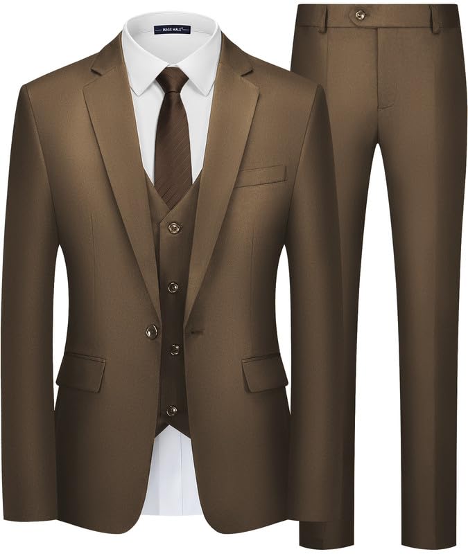 MAGE MALE Mens 3 Piece Suit Slim Fit One Button Business Wedding Formal Blazer Jacket Vest Pants Set Brown