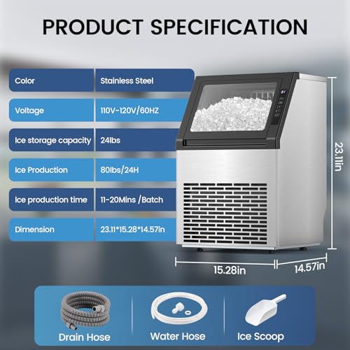 Image of Electactic Commercial Ice Maker Machine, 80Lbs /24H Under Counter ice Machine with 24 Hours Timer & LCD Panel, 28lbs Storage Capacity, Freestanding Ice Maker for Home, Bar, Restaurant, Office
