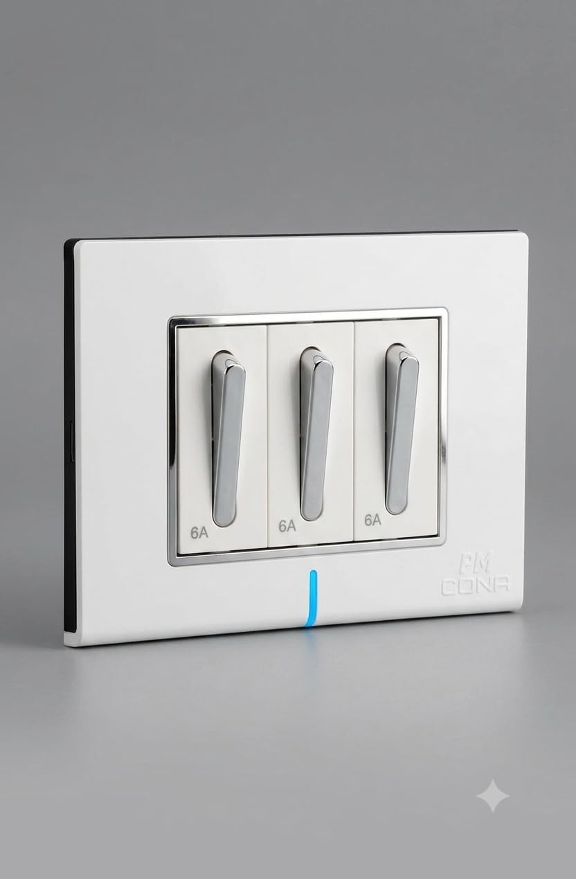 Cona Modular Chrome Switch 6A,1 Way Attached With Cona's Modular Wall Plate Size -3M, White, LED Indicator| Polycarbonate Switch Frame| ISI Marked Accessories-picture-12