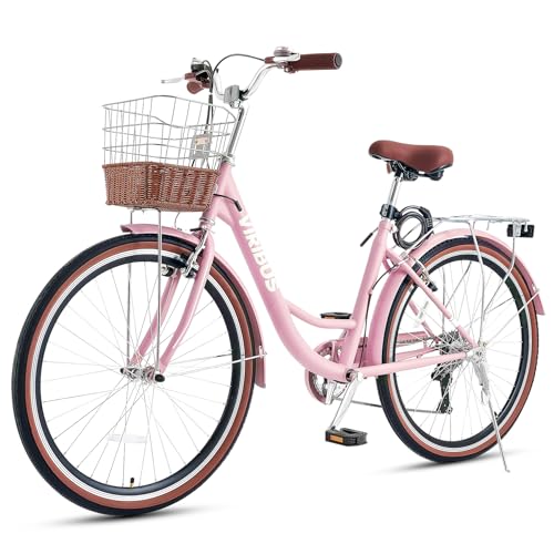VIRIBUS Beach Cruiser Bike for Women, 7 Speed Womens Bike 24 inch, Step Through Bicycle with Basket and Rack for City Commuting, Retro Bicycle for Female Ladies Seniors 330 lb. Pink