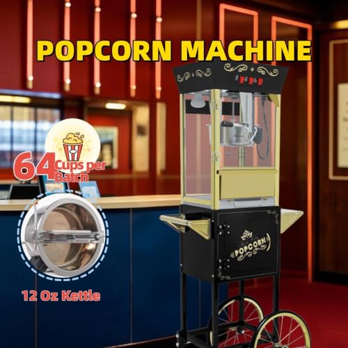 Image of Trygoal Popcorn Machine with Cart, 12 Oz Kettle, Vintage Popcorn Maker with Storage Cabinet, Scoop & 3-Switch Control, Movie Theater Style Popper for Party, Black