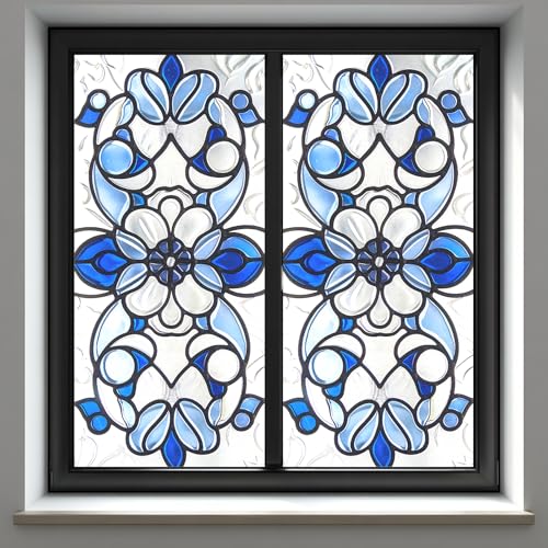 KKYEJLQYI Privacy Window Film Frosted Window Film Window Cling Decorative Window Film 17.5 x 39.4 Inch Blue Geometric Floral Stained Glass Pattern Window Film for Bathroom Bedroom Glass Door