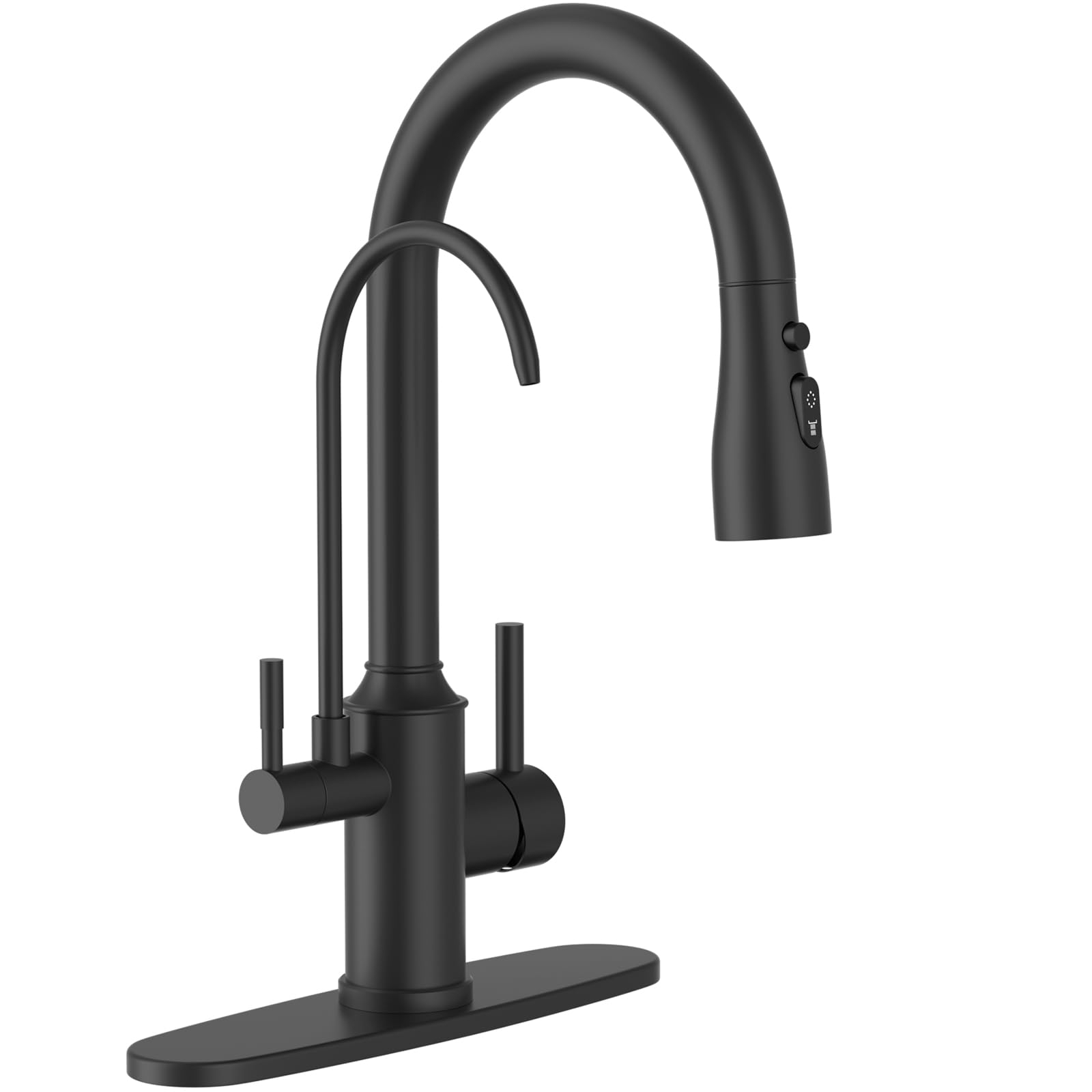 DAYONE Kitchen Faucet with Drinking Purfied Water Faucet Black, Stainless Steel 3 in 1 High Arc Sink Tap, 2-Handle 3-Way Pull Down Sprayer, (Without System)