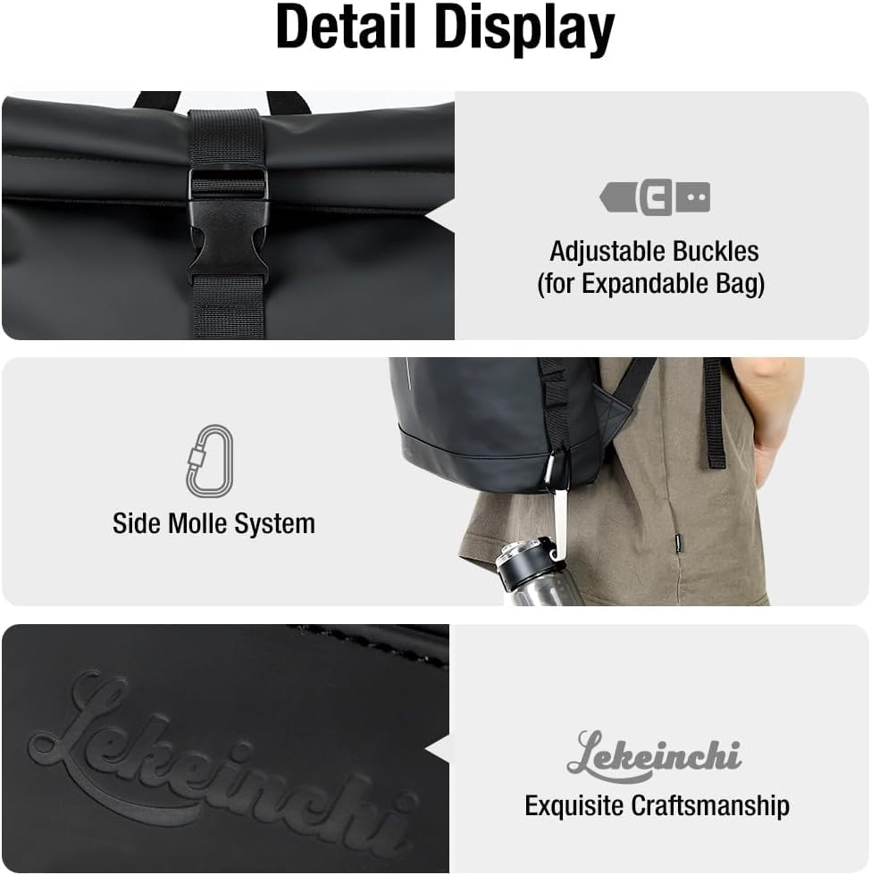 Lekeinchi Rolltop Rucksack Wasserdicht für Damen & Herren, Großer Laptop Rucksack mit Computerfach für 17 Zoll Laptop, Elegant Reiserucksack Daypack für Reisen, Radfahren, Uni Schule--Schwarz