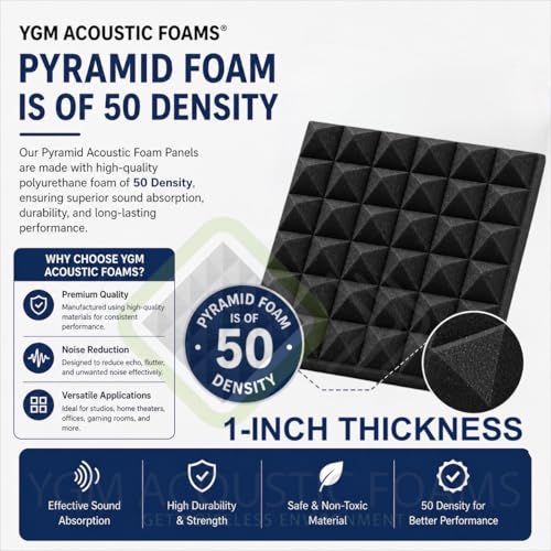 Image of YGM Acoustic Foams Pyramid Acoustic Panels 1 Foot x 1 Foot x 1 inch Thick | 50 Density Acoustical Sound Proof Foam for Room & Studio | Echo Reduction & Noise Absorption (Yellow, Set of 54)