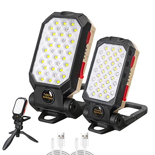 CIWIC 2 Pack COB Rechargeable Magnetic Work Lights, 1200Lumens 4 Modes 2200mAh with Hanging Hook, Bright Flashlight Portable for Work, BBQ, Car Repair(2835 Light Beads)
