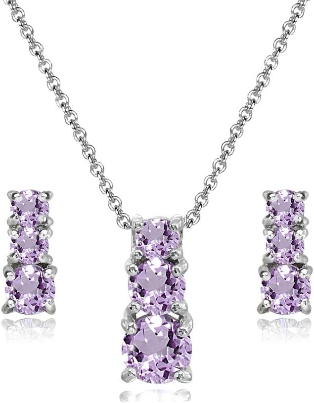 Sterling Silver Genuine or Synthetic Gemstone Round Graduating Three Stone Stud Earrings & Necklace Set