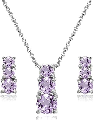 Sterling Silver Genuine or Synthetic Gemstone Round Graduating Three Stone Stud Earrings & Necklace Set