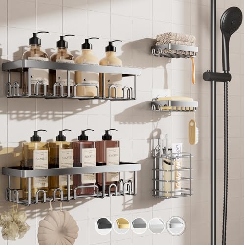 Veken Adhesive Shower Caddy 5-Pack,Heavy Weight Bearing,Large Wall Mounted Shower Shelves Rack,Organizer Storage Accessories with Soap Dish&Toothbrush Holder,Ideal for Bathroom,Home&Kitchen,Silver