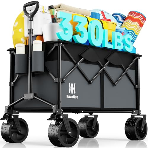 Navatiee Big Wheels - Carro plegable plegable, 330 libras, carro de playa resistente con gran capacidad de 165 litros, carrito de comestibles plegable para camping, jardín, deportes, color gris