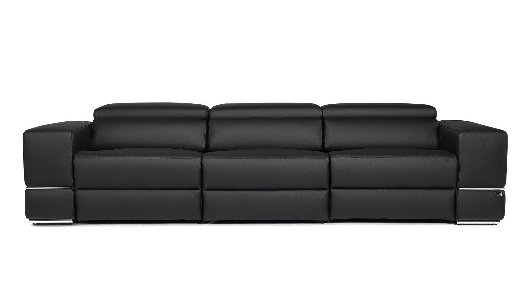 ZURI Modern Leather Luxor Reclining 3-Seater Sofa with Power Headrests - Black