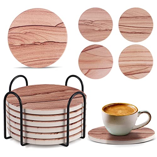 Posavasos de Cerámica con Piedra Absorbente de Corcho, Posavasos para Bebidas Taza de café con Soporte, Caja de Regalo Navidad Divertida para Amantes del Vino (6PCS Patrón de Textura del Desierto)