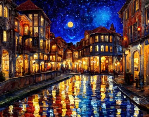 Affiche sur toile 58x90 cm de la vieille ville sous la lune pour decoration murale