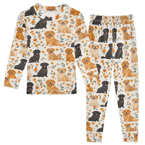 Flower Cute Smile Dog Pattern Cute Pajama Sets Long Sleeve Top and Pants, Snug Fit Sleepwear for Night Wears