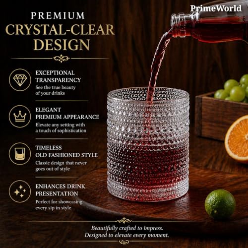 Image of PrimeWorld Whiskey Glass Set of 6 - 300ml | Premium Crystal-Clear Tumblers for Whiskey, Scotch, Bourbon, Cocktails & Spirits | Lead-Free, Heavy Base Old-Fashioned Glasses for Home Bar & Gifting