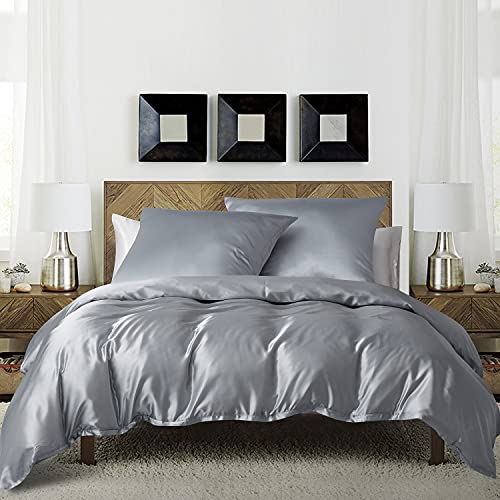 Luofanfei Parure de lit 220x240 Gris Argenté Clair Adulte 2 Personnes Satin Sets de Housse de Couette Unie Ensemble Literie Modern Linge de Lit avec Fermeture éclair et 2X 65x65cm Taies d'oreiller
