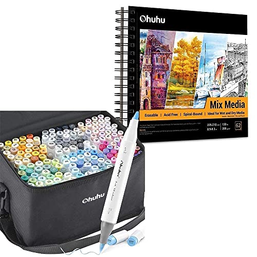 Ohuhu Alcohol Brush Markers, 168color Art Markers Set+Mix Media Pad