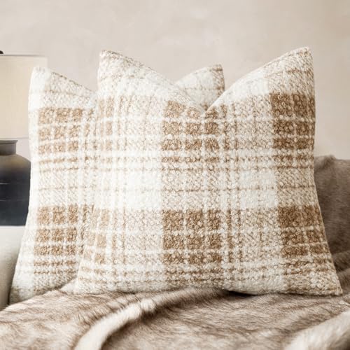 Image of Foindtower Pack of 2 Soft Faux Fur Boucle Throw Decorative Pillow Covers Fuzzy Accent Check Cushion Sherpa Boho Farmhouse Pillowcase for Couch Sofa Bed Living Room Home Decor 20x20 Inch,Khaki Brown