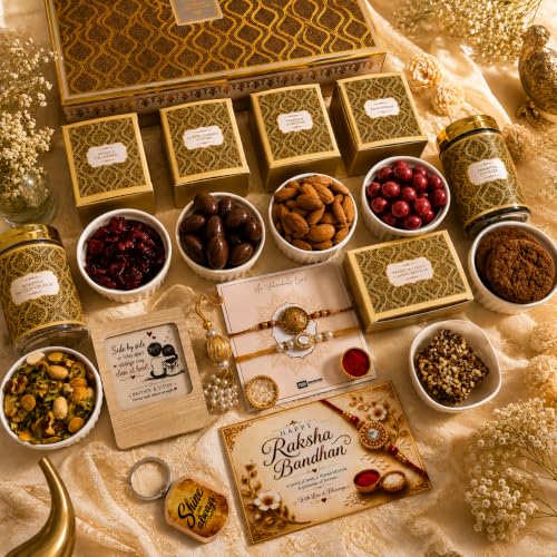 Image of NutriSnacksBox Royal Rakhi White Hamper | Premium Dry Fruits, Gourmet Snacks & Festive Gift Set | 2 Decorative Bhaiya Rakhis, Wooden Magnet, Keychain, Roli Chawal & Greeting Card | Luxury Raksha Bandhan Gift Box