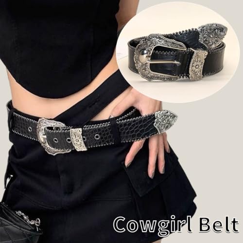 Black Women Western Belt Vintage Country Leather Belt with Engraved Buckle Cowgirl Cowboy Belt for Jeans Pant Dress4