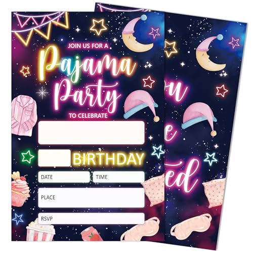 Glow Pajama Birthday Party Invitations for Girls Boys, Sleepover Birthday