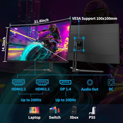 Image of SANSUI 34-Inch Curved Gaming Monitor UWQHD 3440 x 1440P Up to 200Hz 165Hz Curved 1500R - PIP /PBP, OD 1ms, HDR, 300nits, sRGB 130%, DCI-P3 97%,AI Crosshair,HDMI2.1x2,DP1.4(Cable Included)