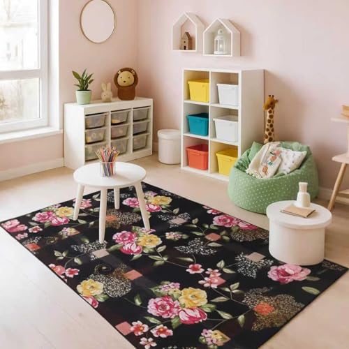 Tapete pequeño negro 2x3 para entrada con diseño floral miniatura 7