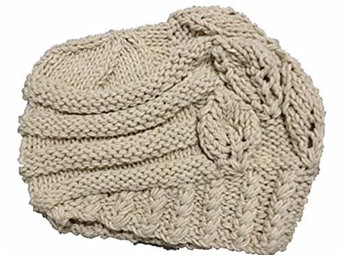 BIBITIME Handmade Knitted Beanie Hat Women Winter Cap Crochet Stripes Leaves (One Size for Adult, Beige)
