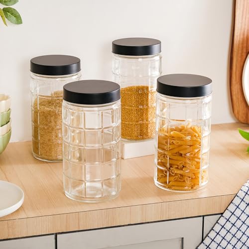Image of Nestasia Glass Jars for Kitchen Storage Set of 4 (1.9L Each) - Square Textured Food-Safe Transparent Jars with Airtight Lid | Perfect for Kitchen Pantry, Pickles, Pulses, Dry Fruits & Snacks Storage
