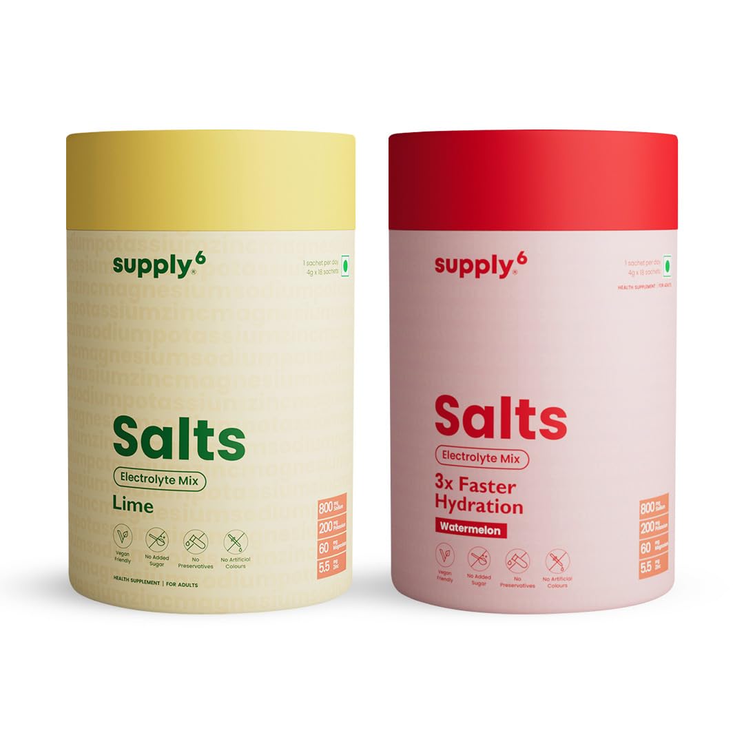 Supply6 Salts | Electrolyte Mix | Zero Added Sugar | Sodium, Potassium, Magnesium, Zinc & Fiber | Keto Friendly, Vegan Friendly, No Preservatives (18 Servings, Watermelon) | (18 Servings Lemon Lime)