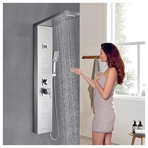 AWorddy - Columna de ducha de hidromasaje de acero inoxidable, 5 funciones, panel de ducha y de temperatura (pantalla LCD) para baño, alcachofa fija, masaje, ducha y boca de bañera