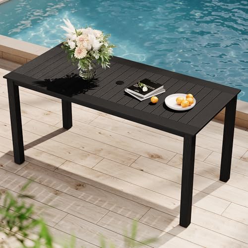 Image of YEFU Outdoor Dining Table for 6: All Weather Rectangular Patio Table with Umbrella Hole and Aluminum Frame - Outdoor Furniture for Outside Backyard /Garden /Pool /Porch /Deck 300lbs Capacity Black