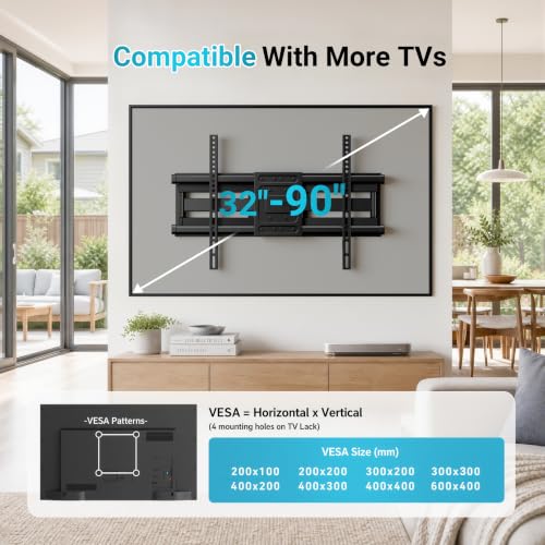 Image of BONTEC Full Motion TV Wall Mount for 37-90 Inch TVs, Heavy Duty Swivel Tilt | Hold up to 132lbs, Articulating Dual Arm Wall Mount TV Bracket, Max VESA 600x400mm, Fits 24 inch Wood Studs