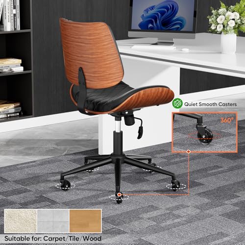 Image of Armless Office Chair with Silent Rubber Wheels, Mid Century Modern Small Desk Chair, No Arms Leather Computer Chair for Home Office, Swivel Vanity Chair, Rolling, Adjustable Height (Black)