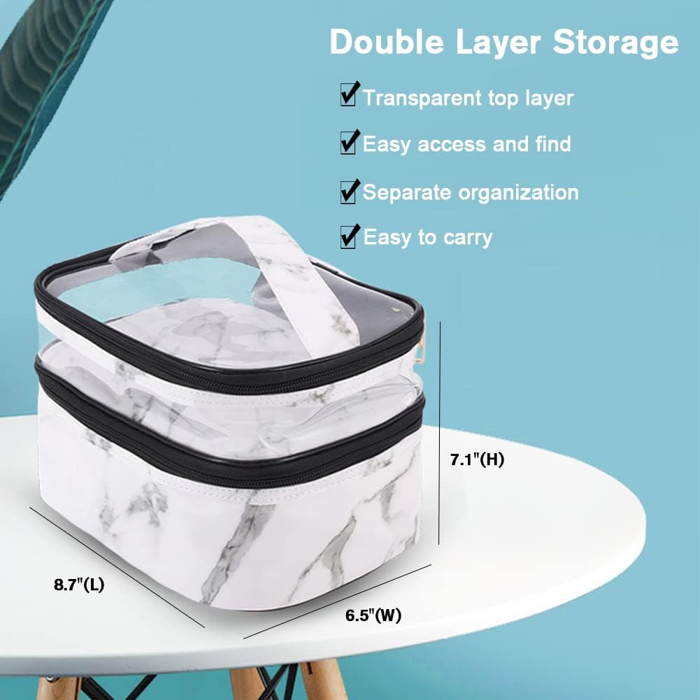 FITINI Makeup Bags Double Layer Travel Storage Cosmetic Cases Make up Organizer Toiletry Bags Water-resistant for Women Makeup Brush Bag,White Marble image 5
