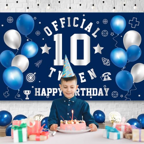 Image of Happy 10th Birthday Banner Backdrop 10th Birthday Decorations for Boys | Large Official Tween 10 Year Old Backdrop HBD Party Decorations Supplies, Navy Blue Silver