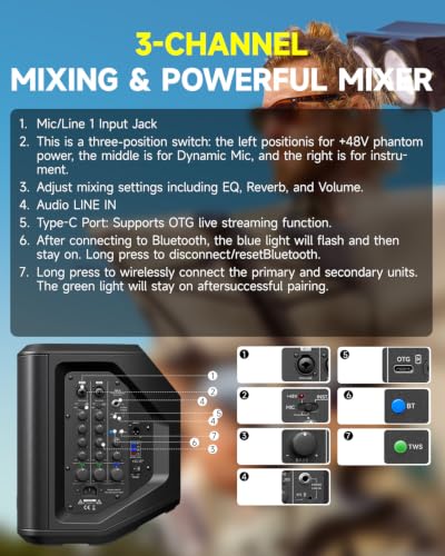 Donner MT-2 Portable PA System, 300W Wireless BT Speaker Sound Amplifier - image 4
