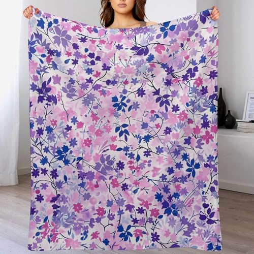 Couverture douce anti-froid pour lit, plaid flanelle fleurs bleues 152cm