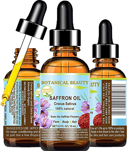 Saffron Oil ( Kesar ) Crocus Sativus 100 % Natural For Face, Skin, Body, Hair, Nail Care 0.5 Fl. Oz.- 15 Ml Healing, Antioxidant By Botanical Beauty #TOP17
