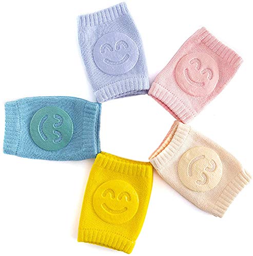 Unisex Baby Knee Pads, Infant Leg Warmers, Toddler Anti Slip Kneepads Elastic Short Socks, Cotton Safe Protectors for Crawling 6-24 Monthes (Smile-5 Pair)