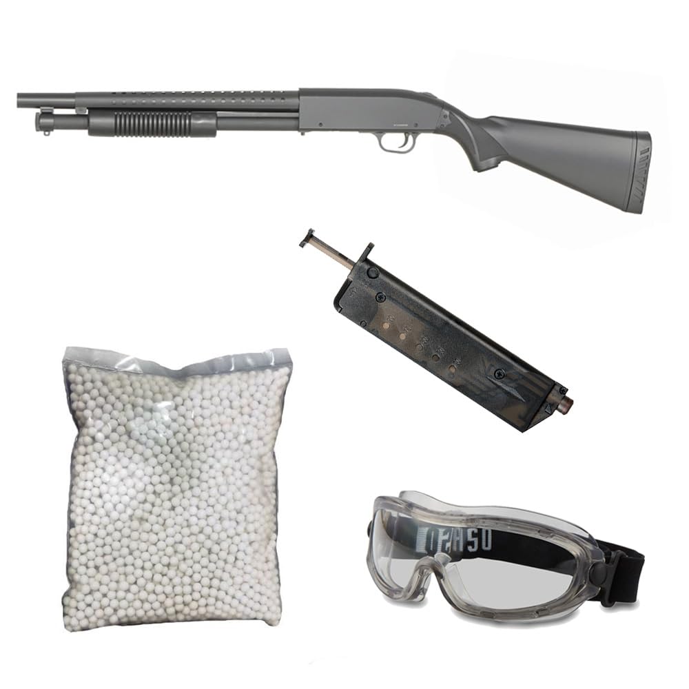 Pack Escopeta Larga con Culata de Muelle de Airsoft de Menos de 1 Julio de Potencia con un Cargador, 1000 Bolas de 6 mm, Cargador rápido Tico Tico Loader y Gafas de protección Pegaso